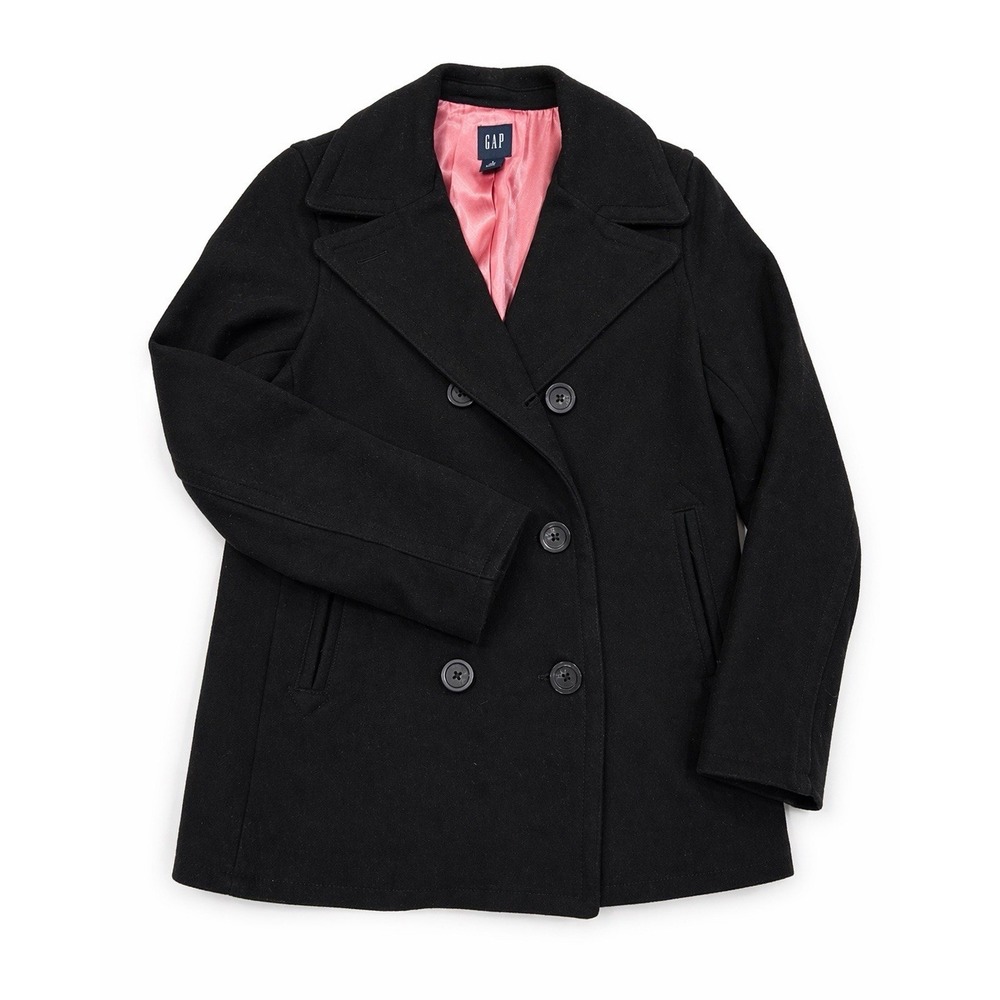 GAP Y2K Black Wool Peacoat Jacket Womens Small Pink Lined Double‎ Breasted